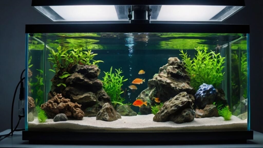 Equipamentos essenciais para montar primeiro aquário incluindo filtro, aquecedor, termômetro e substrato